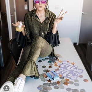 SLEEPER Saturn Lounge Suit with Leggings in Gold Ruffle sleeves SIZE MEDIUM